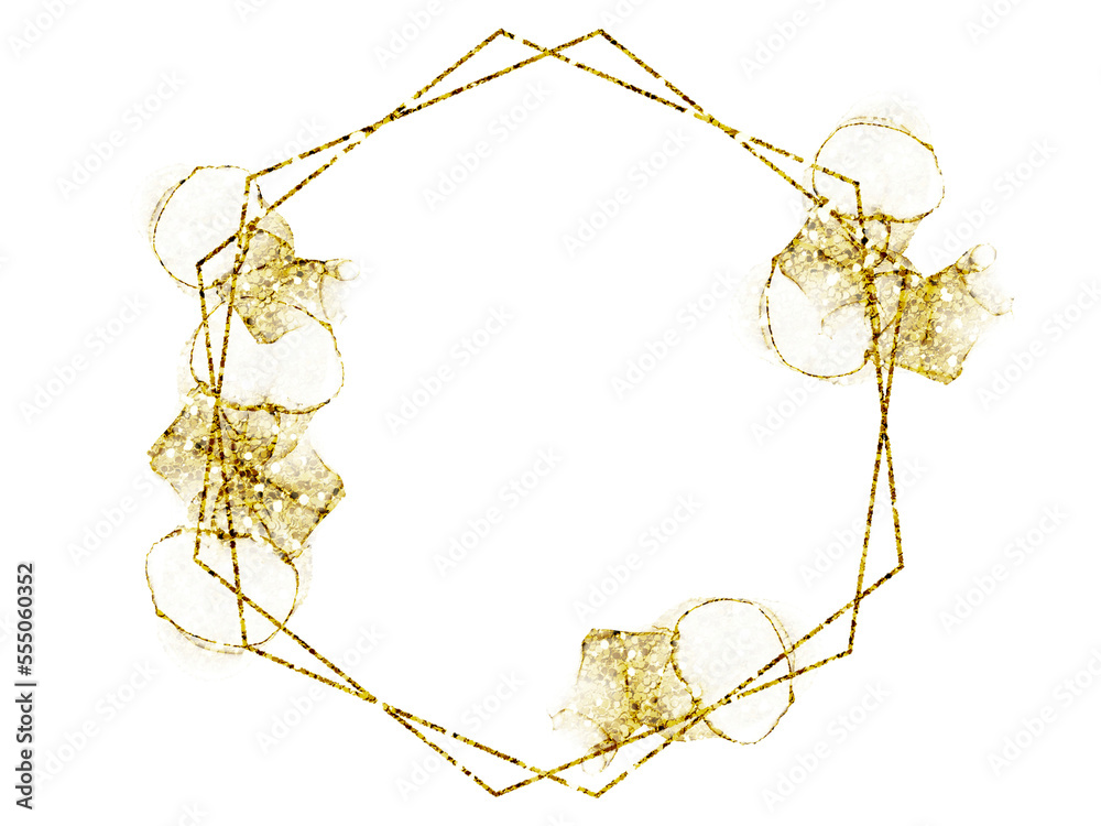 Gold frame isolated object, polygonal shape with golden splash, overlay design element with decorative gold alcohol ink Gold frame isolated object, polygonal shape with golden splash, overlay design element with decorative gold alcohol ink