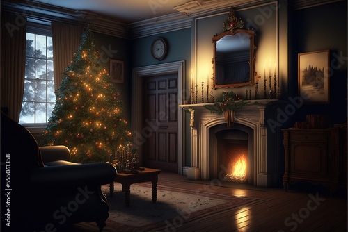 image of house room with Christmas tree and fire. Generative AI © Create image