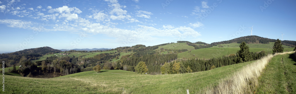 Gersbach, resort town in Black Forest in Southern Germany. Panoramic view of the mountain valley surrounded by Wind turbines 