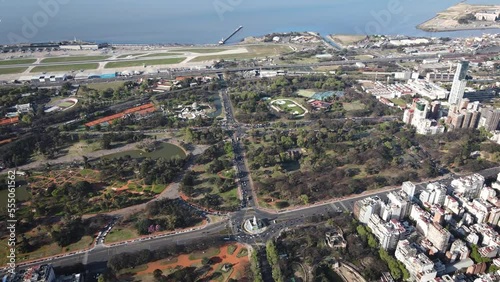 Aerial view of public parks in Palermo neighborhood. Airplane departing in background near Rio de la Plata photo