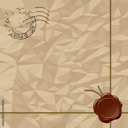Square package crumpled paper background with brown wax seal, cords and postage stamps