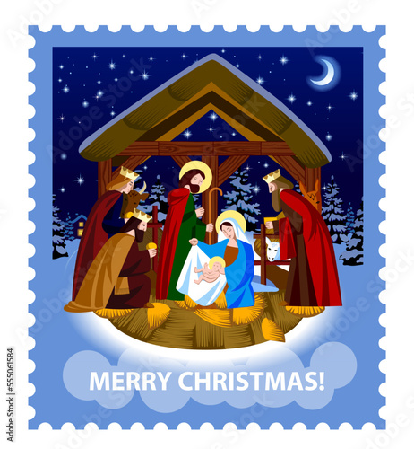 Blue Christmas postage stamp with scene of the Nativity of Christ and the Adoration of the Magi in a night winter forest