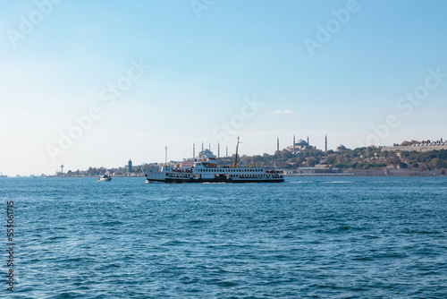 Istanbul skyline with famous ferries. Travel to Istanbul backgound photo