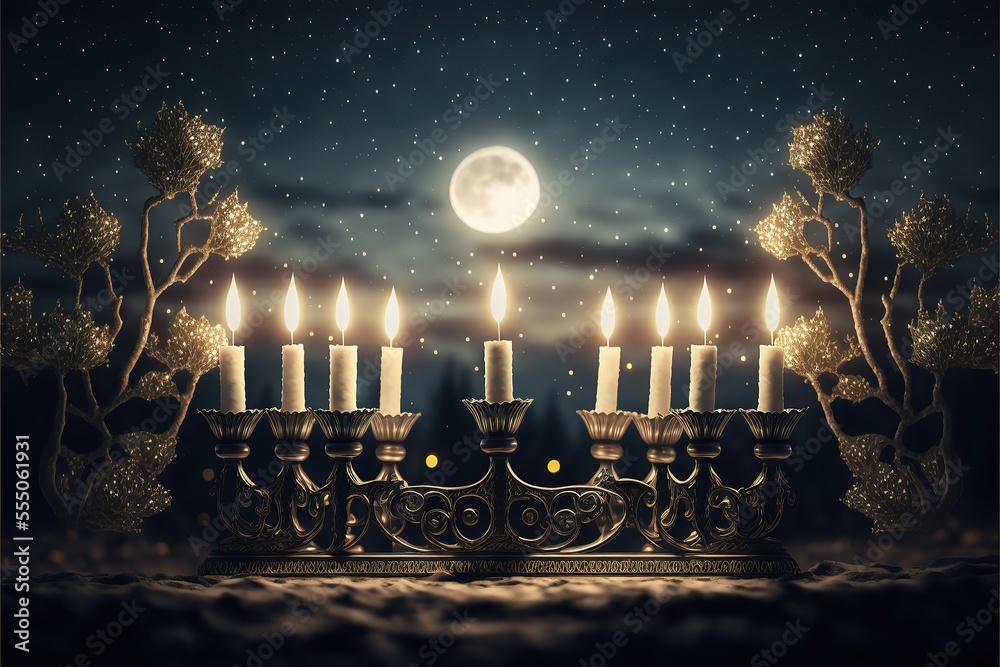 Menorah with burning candles is traditional symbol for Hebrew Holidays