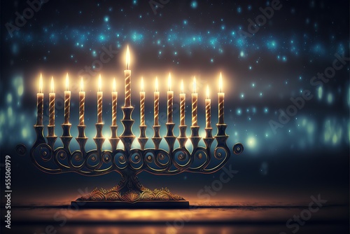 Menorah with burning candles is traditional symbol for Hebrew Holidays and celebration of Hanukkah. Background of night or dawn sky, selective focus on menorah. Generative AI