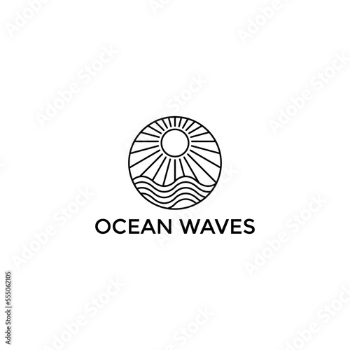 sea ​​wave line art logo vector illustration template design. ocean wave with sun badge icon creative idea design