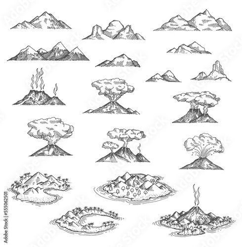 Island mountains and volcano sketch, vector treasure map landscape elements . Volcano lava eruption at sea or ocean beach, sketch etching tropical cove bay with volcanic mountains on island coast
