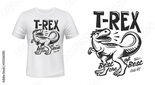 T-rex, tyrannosaurus rex dinosaur. Sport mascot t-shirt print. Clothing custom design vector print mockup, sport team or club symbol with prehistoric animal mascot, Jurassic era predatory reptile