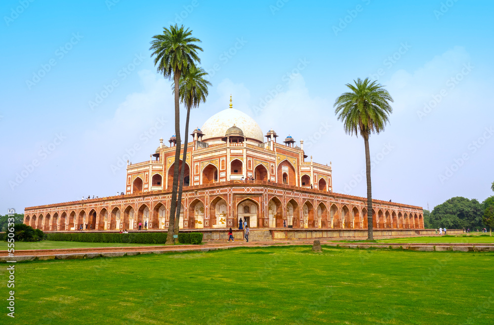 Panoramic view of Humayuns Tomb, mosque in the daylight in New Delhi, India
