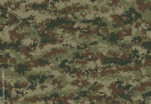 Pixel military camouflage seamless pattern. Vector background with abstract green and brown pixelated spots. Army soldier camo print texture, khaki colored wallpaper, textile or wrapping paper tile