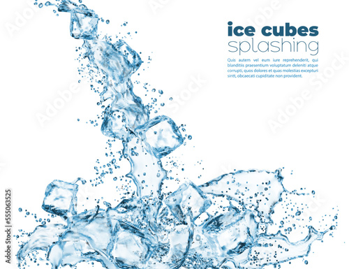 Blue water wave cascade splash and ice crystal cubes. Clean drinking aqua falling droplets, mineral water or drink 3d realistic vector splash. Isolated falling transparent blue liquid, ice cubes flow
