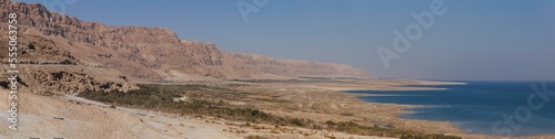 Panoramic view of the coastline of the Dead Sea, Israel. December 18, 2022