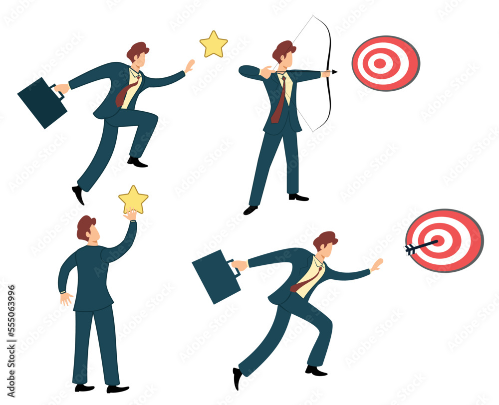 various businessman expressions in achieving goals. businessman cartoon vector flat design illustration reaching goal various businessman expressions in achieving goals. businessman cartoon vector flat design illustration reaching goal