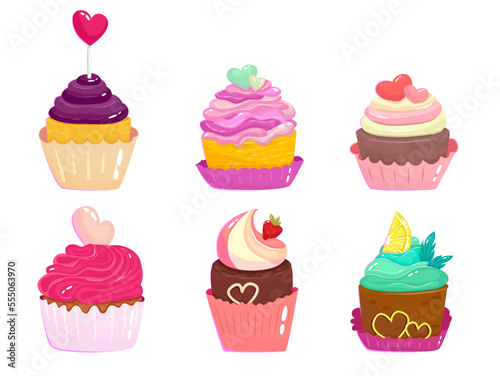 Valentines cupcake with heart isolated. Pink muffins chocolate  vanilla sweet dessert for lovers. Cartoon vector illustration. Bakery for valentines day