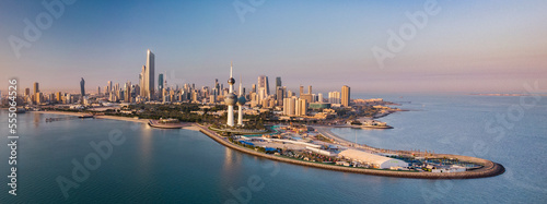 Kuwait City Sunset Sunrise with 3 Tower  and Panorama view, Droneshot