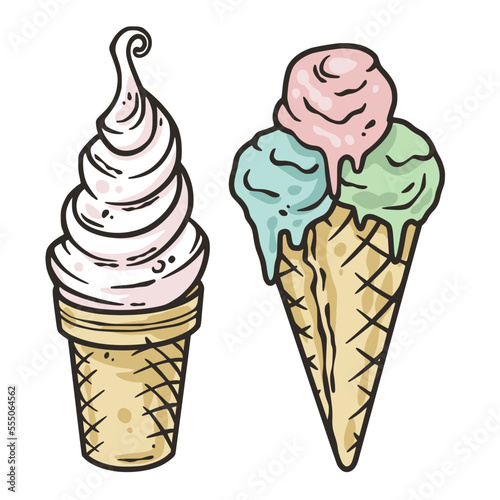 Ice cream for design of label or food banner. Icecream elements or identity symbols for fast food caffe