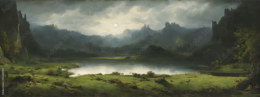 Painting of a misty morning in the mountains over the lake, Generative AI