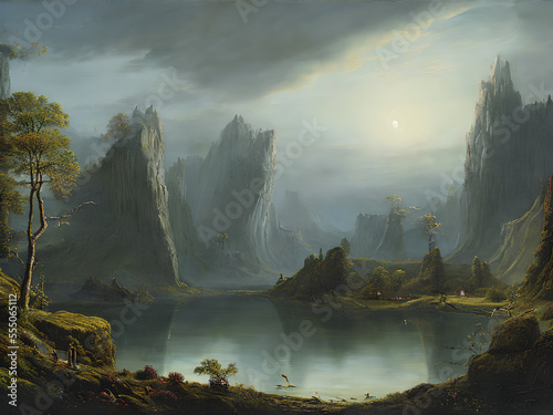 Painting of a misty morning in the mountains over the lake, Generative AI