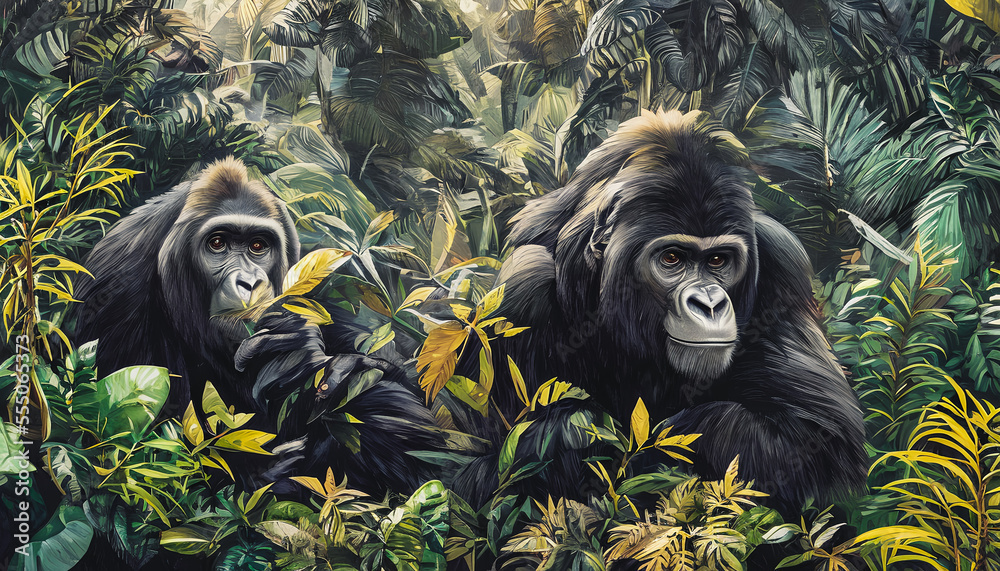 Obraz premium Painting of a gorilla ape in the jungle, Generative AI