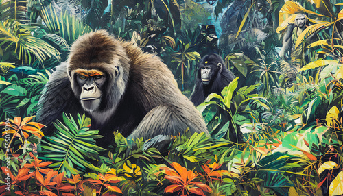 Painting of a gorilla ape in the jungle  Generative AI