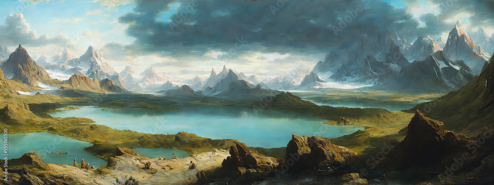Painting of a misty glacial landscape, mountains over the lake, Generative AI