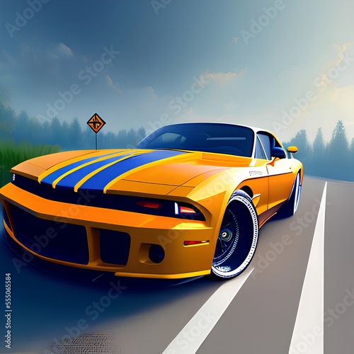 Generative AI,high angle view of yellow vintage car on road