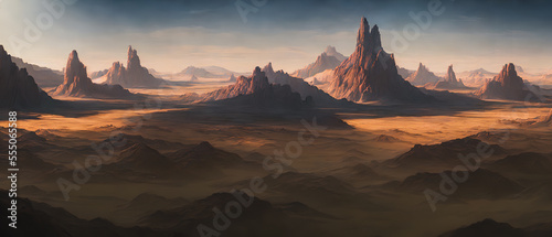 Panoramic view of the sci-fi desert landscape, Mountain landscape. Generative AI © 4K_Heaven