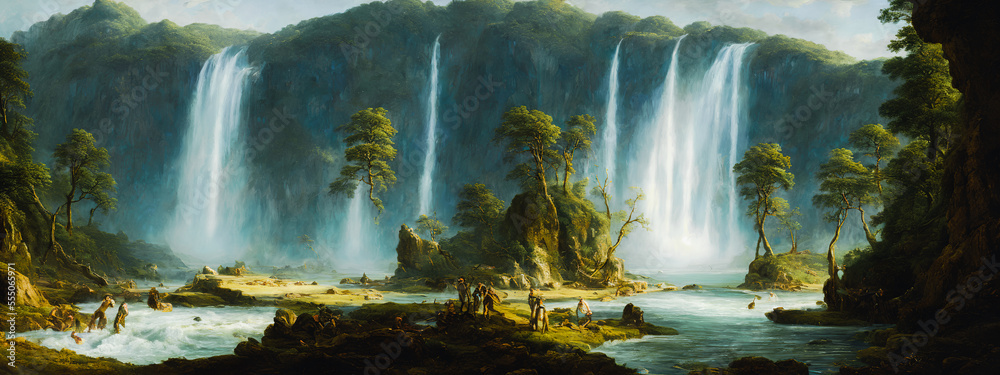 Painting of a waterfall landscape, Generative AI