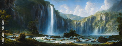 Painting of a waterfall landscape, Generative AI © 4K_Heaven