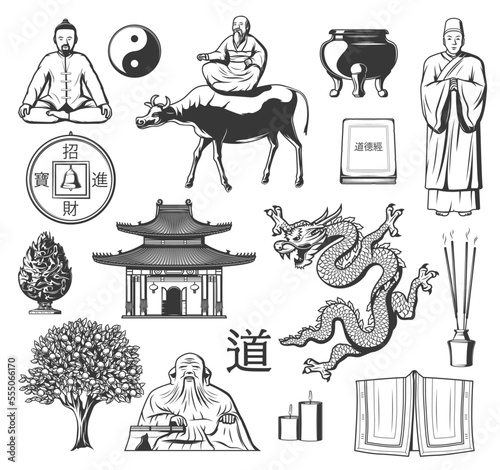 Taoism religion icons. Chinese Daoism religion or philosophy school vector symbols or signs set with Laozi riding on Ox, mediating monk and dragon, peach tree of life, temple and Lao Tzu monument photo