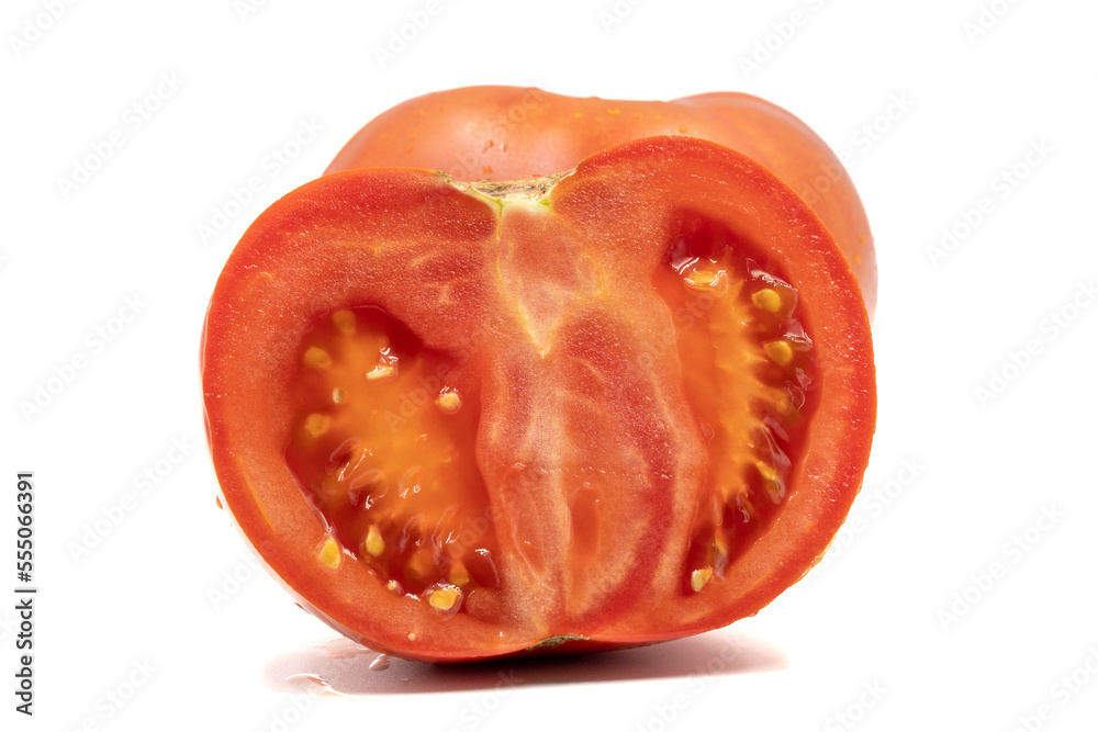 Tomato isolated on white background. Fresh organic vegetables. Cut tomato slices. Clipping Path. Full depth of field. close up