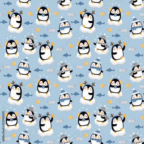 Illustration of a seamless pattern of some penguins with caps and scarves, on some blocks of ice in the sea and fish around