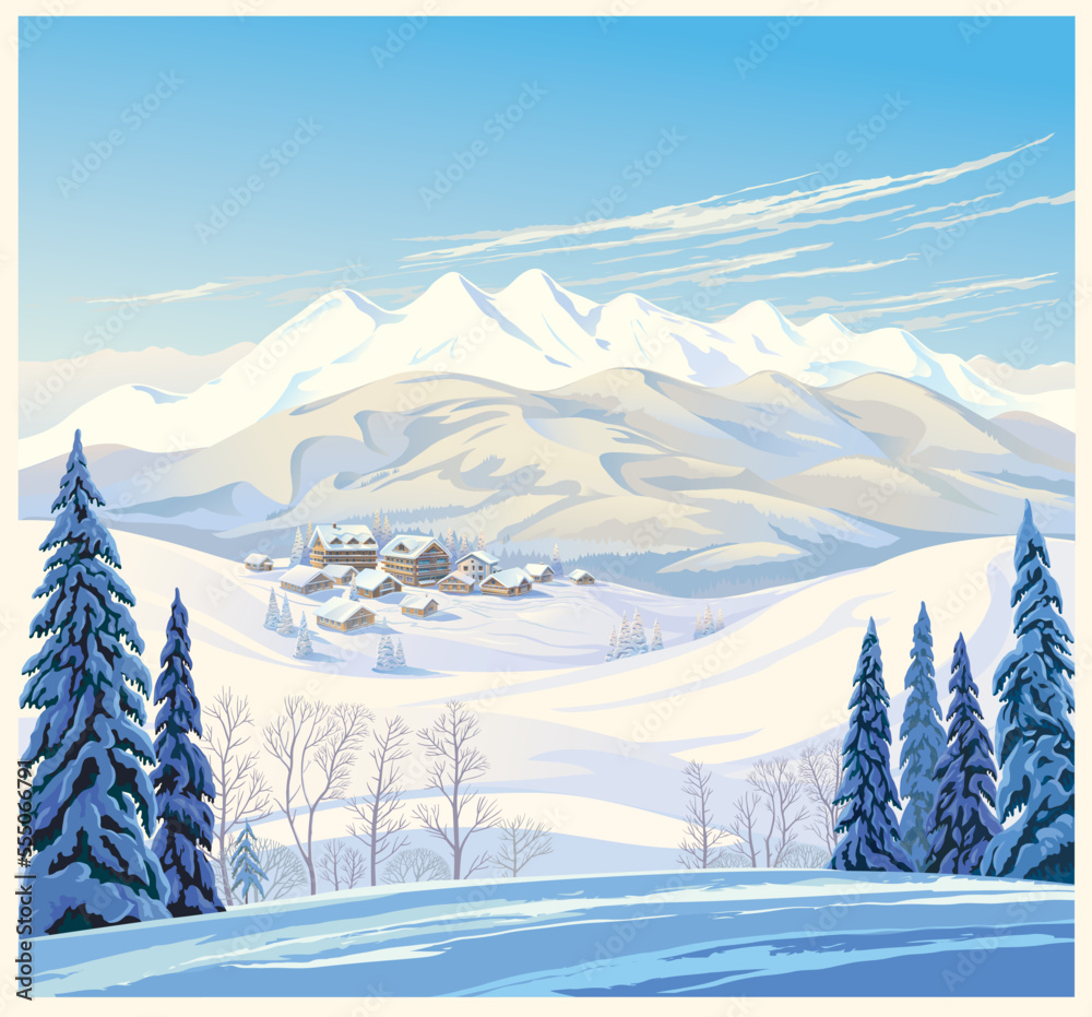 Winter mountain landscape with fir-trees in the foreground with houses - hotel of the ski resort. Vector illustration.