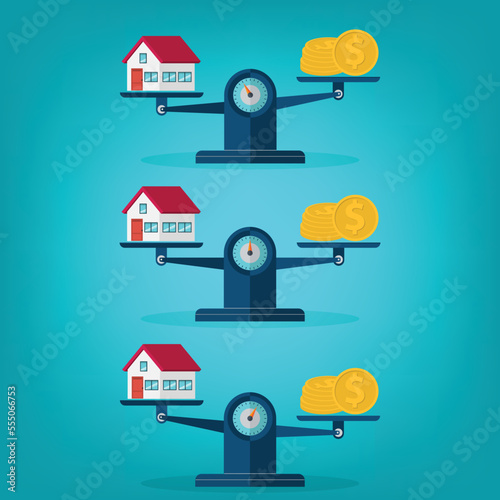 House, coins, weight scales. Investment in real estate. Vector illustration