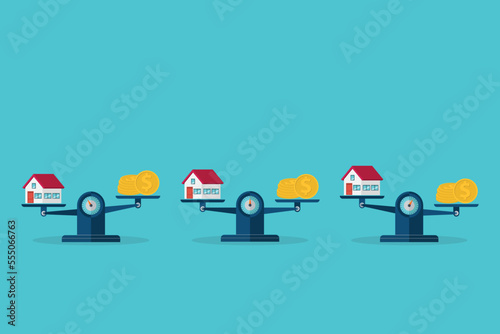 House, coins, weight scales. Investment in real estate. Vector illustration