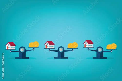 House, coins, weight scales. Investment in real estate. Vector illustration