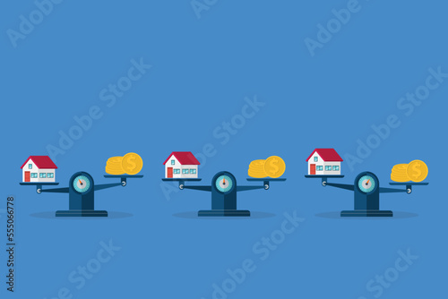 House, coins, weight scales. Investment in real estate. Vector illustration
