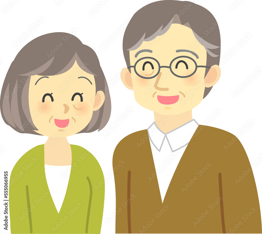イラスト素材:老夫婦が向かい合って明るい表情で笑いあう幸せな場面（透過背景）
