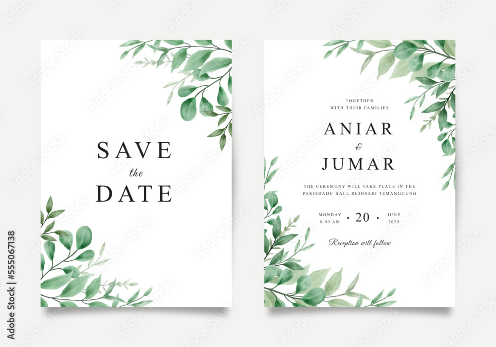 Beautiful wedding invitation template with watercolor green leaves