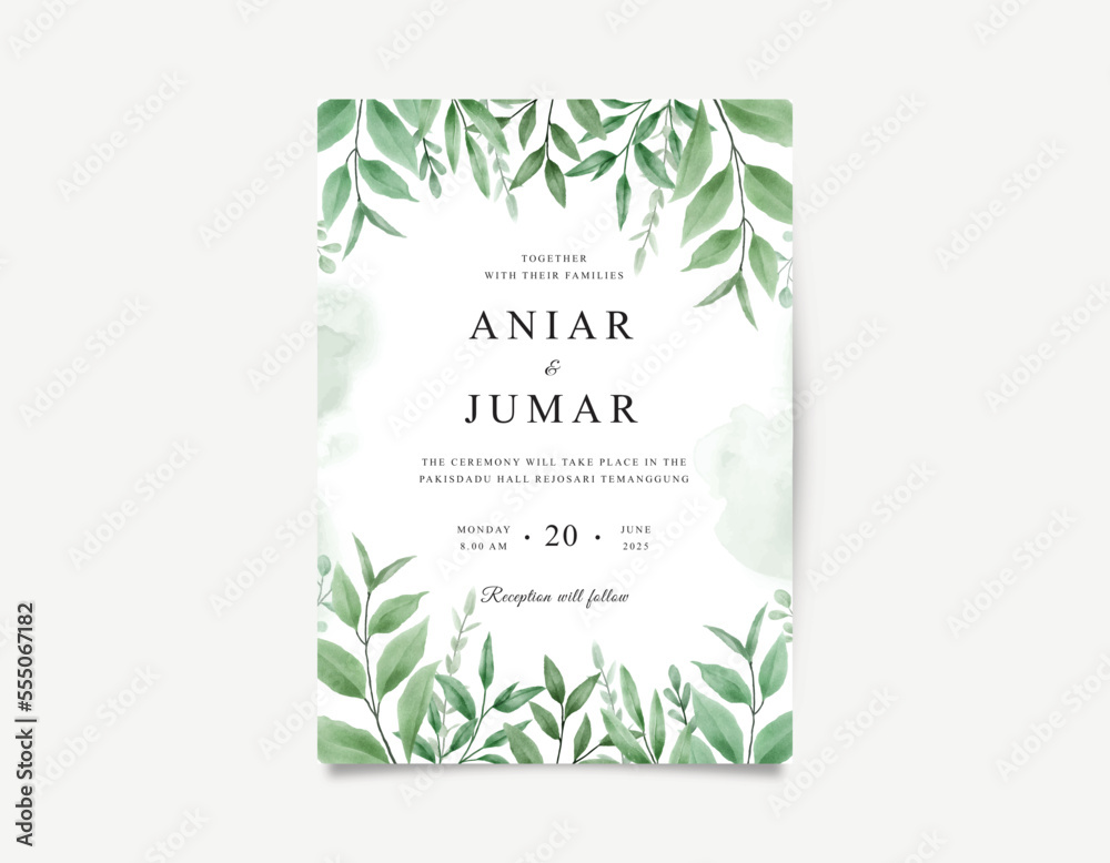 Gorgeous wedding invitations set with watercolor green leaves
