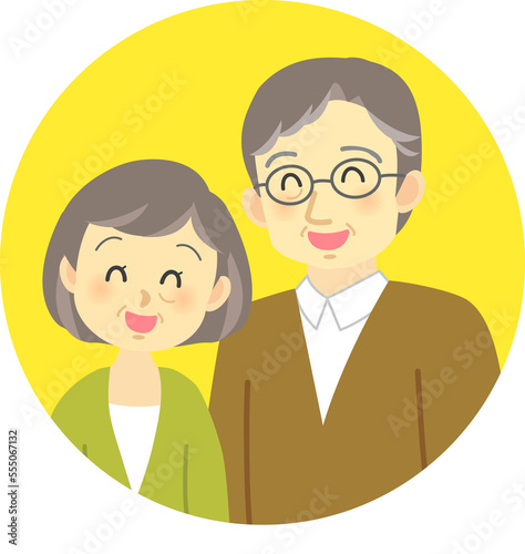 イラスト素材:敬老の日　シニア夫婦が寄り添うラブラブな場面　アイコン（透過背景）
