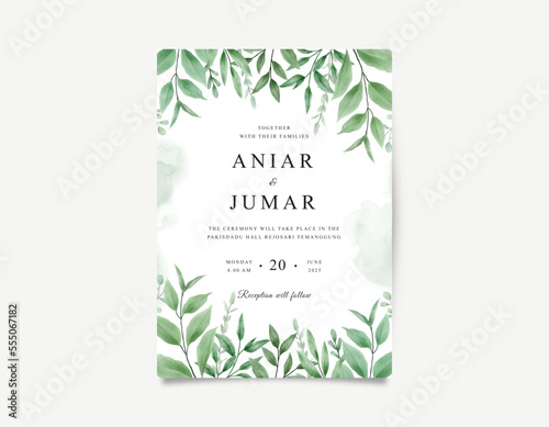 Gorgeous wedding invitations set with watercolor green leaves