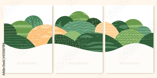 Abstract farm agriculture template. Green field pattern, eco background, nature landscape vector illustration with texture. Farmland collage for leaflet, identity, booklet. Ecology backdrop, card
