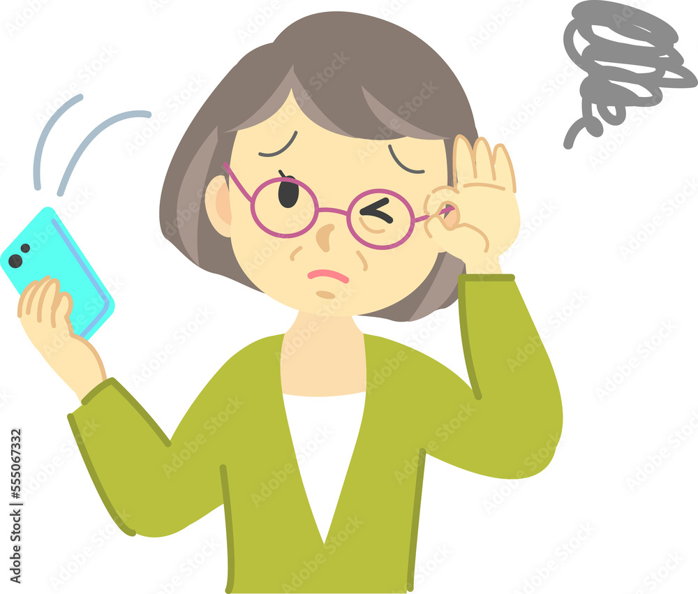 イラスト素材：眼鏡を掛けたおばあさんが携帯電話が老眼で見えづらくなって困った表情をする場面　老眼鏡（透過背景）
