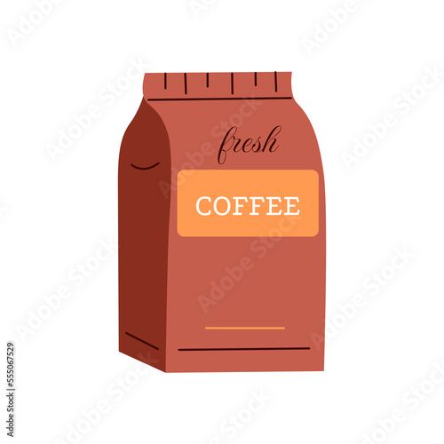 Paper bag full of coffee isolated on white background. Fresh coffee package. Flat vector illustration