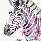 Watercolor zebra portrait with lily flowers as animal illustration (Generative AI)