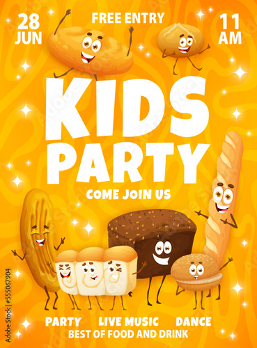 Kids part flyer. Cartoon bakery, pastry and bread characters. Promotion leaflet, vector bakehouse flyer or poster with cunape, barbari and rye bread, shokupan and burger buns, baguette cute personages photo