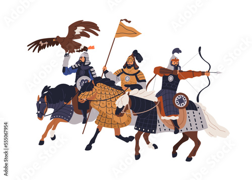 Mughal horse warriors. Oriental Asian army, soldiers with bird of Middle Ages, riding horseback. Military riders, horsemen of historical war. Flat vector illustration isolated on white background