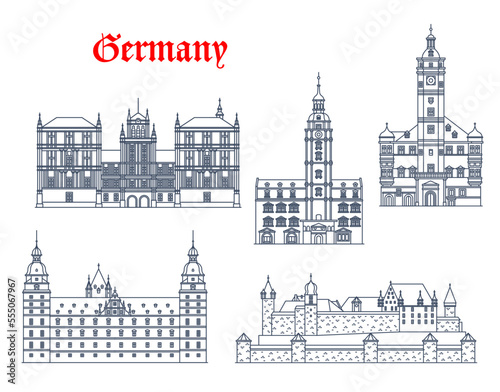 Germany architecture of Altenburg, Gera, Coburg and Aschaffenburg, vector buildings. German landmarks of Thuringia and Bavaria, Rathaus town hall, Veste Fortress, Ehrenburg and Johannisburg castle