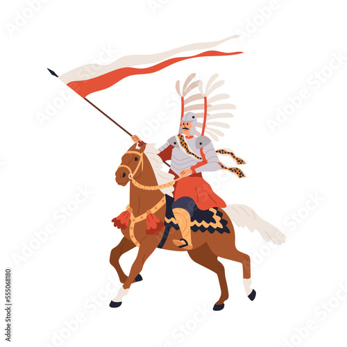Polish warrior on horse. Military horseman, armored rider riding with Medieva...